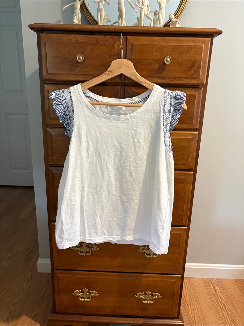 Jane and Delancey White Tank with Blue Ruffle Sleeves